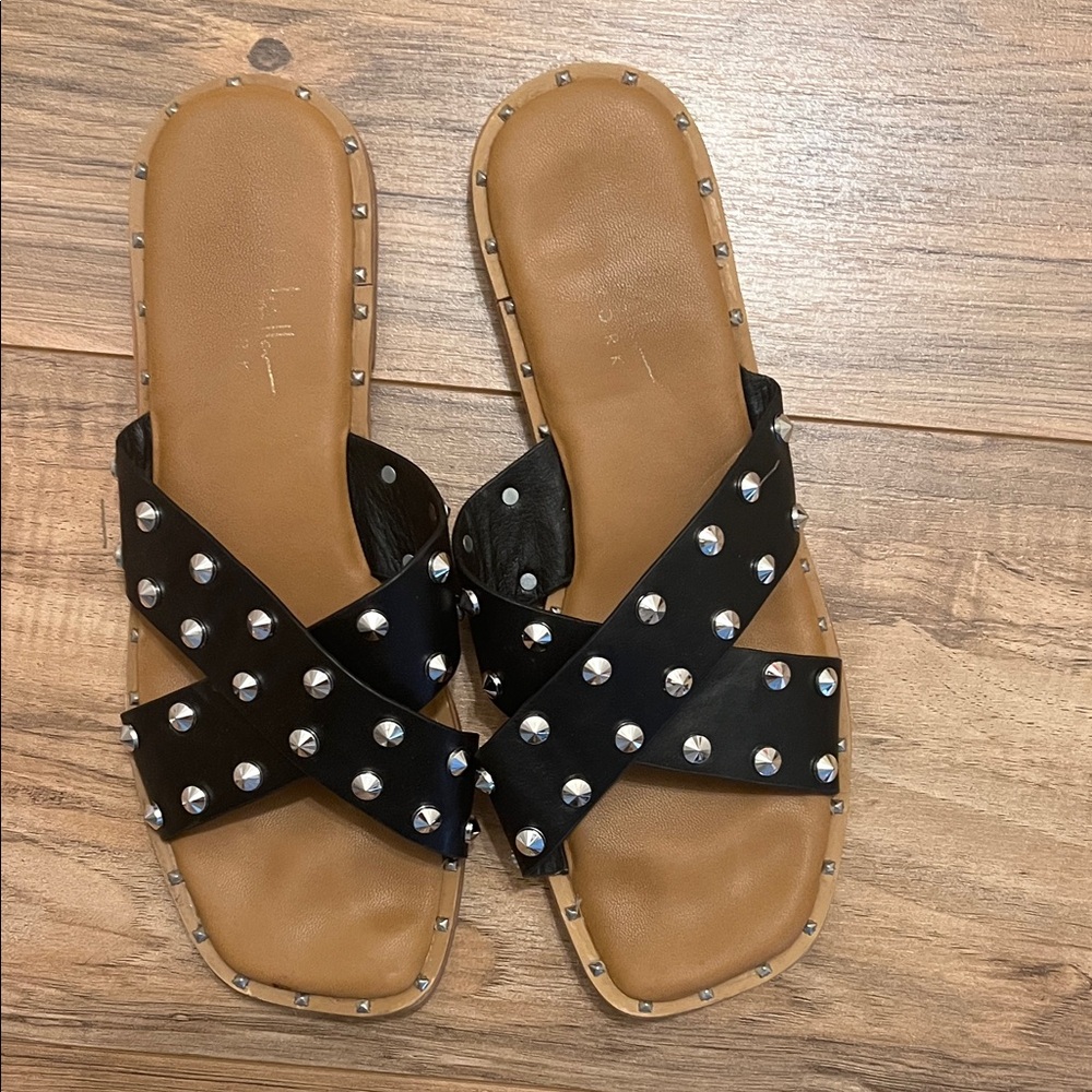 Nicole Miller Black and Tan Studded Sandals